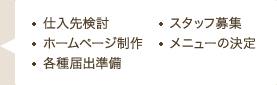 仕入先検討,スタッフ募集,ホームページ制作,メニューの決定,各種届出準備